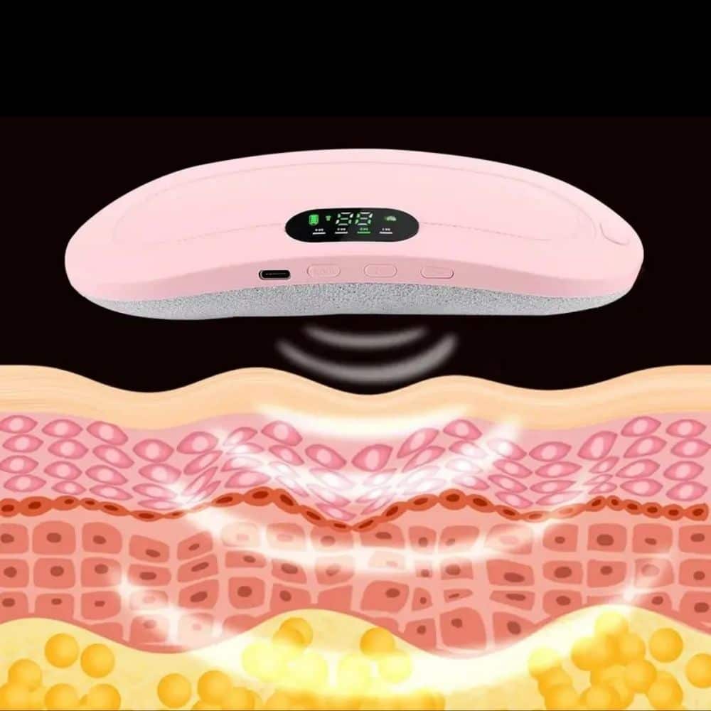 Uteria, ceinture chauffante massante rose pâle, velours doux, pour soulager douleurs menstruelles. (1)