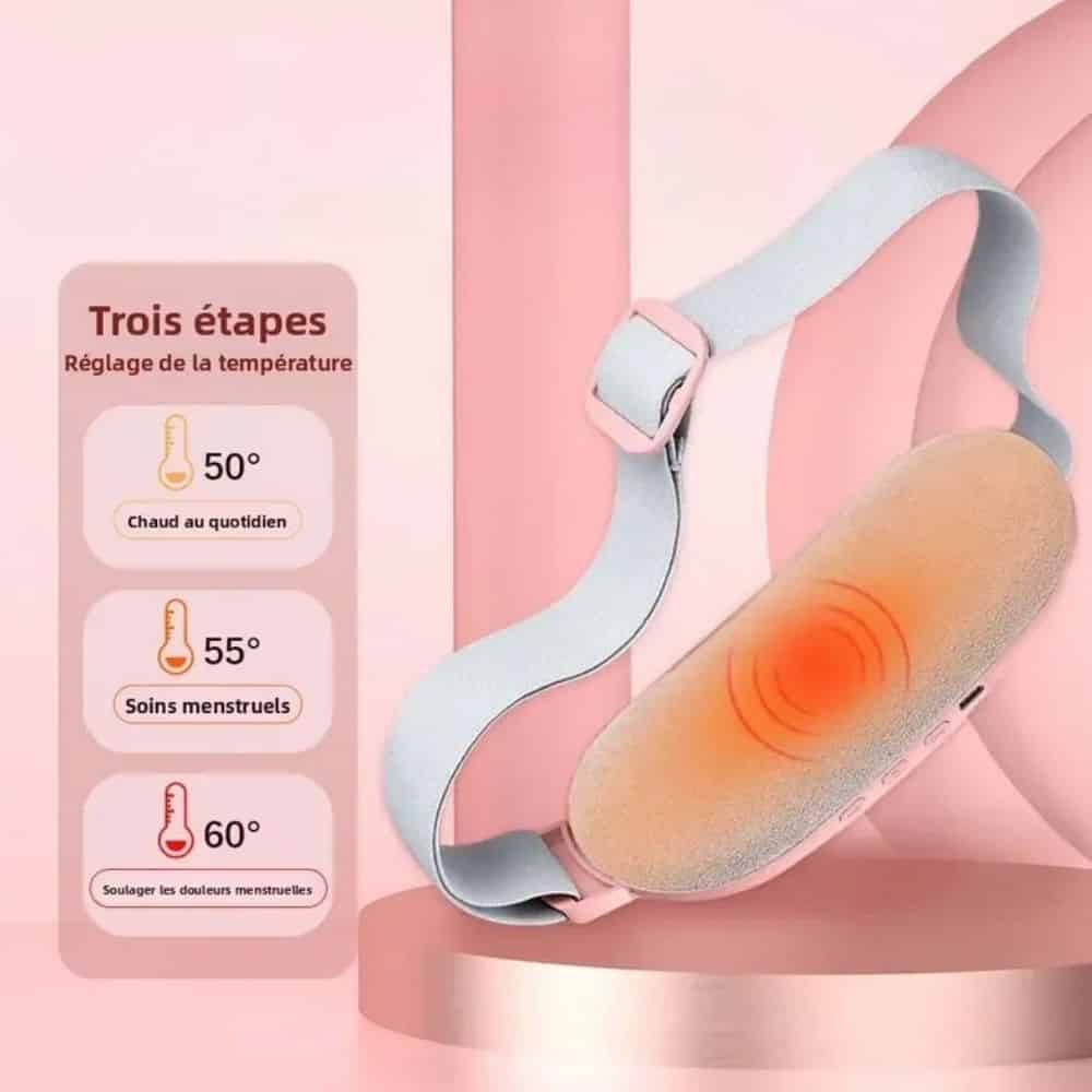 Uteria, ceinture chauffante massante rose pâle, velours doux, pour soulager douleurs menstruelles.