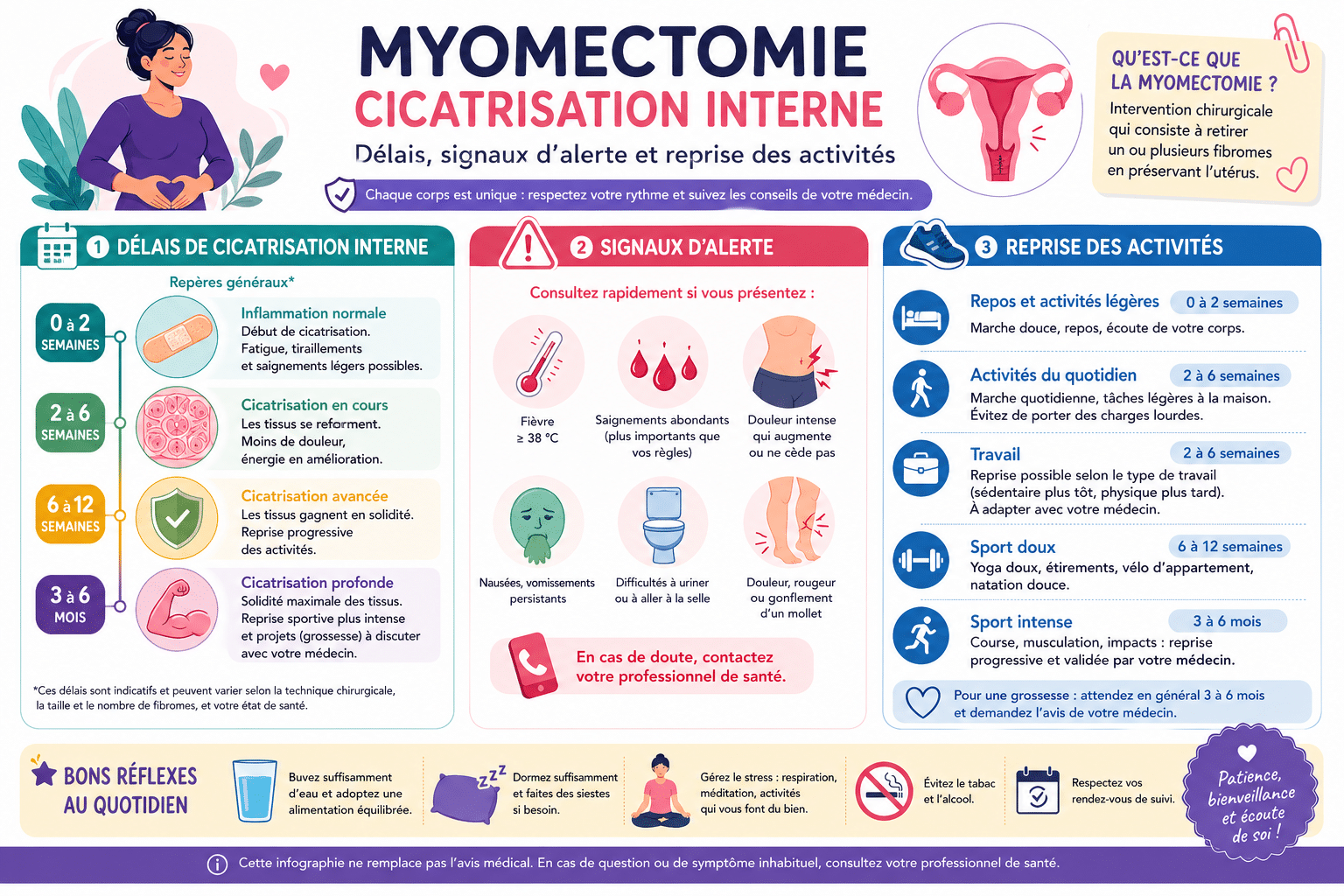 Infographie : Myomectomie cicatrisation interne : délais, signaux d'alerte et reprise des activités