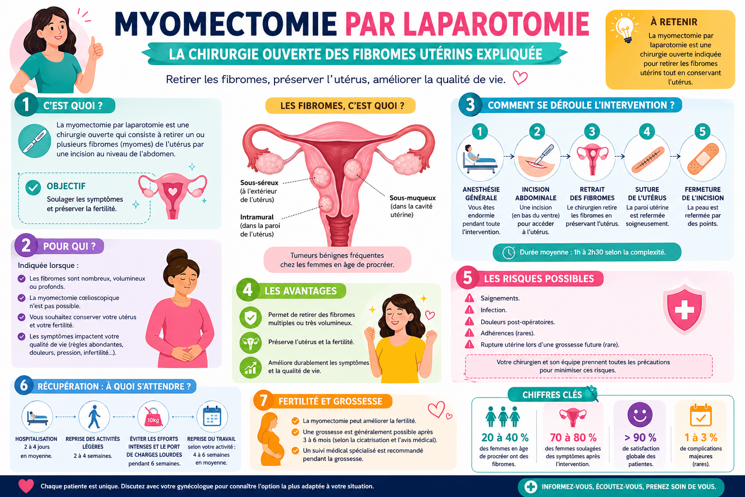 Infographie : Myomectomie par laparotomie : la chirurgie ouverte des fibromes utérins expliquée