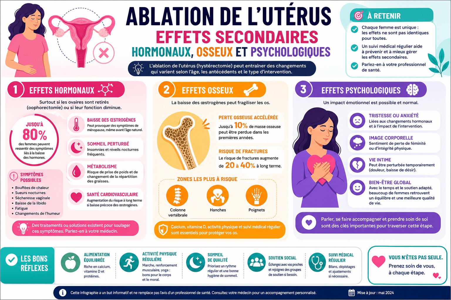 Infographie : Ablation de l'utérus effets secondaires hormonaux, osseux et psychologiques