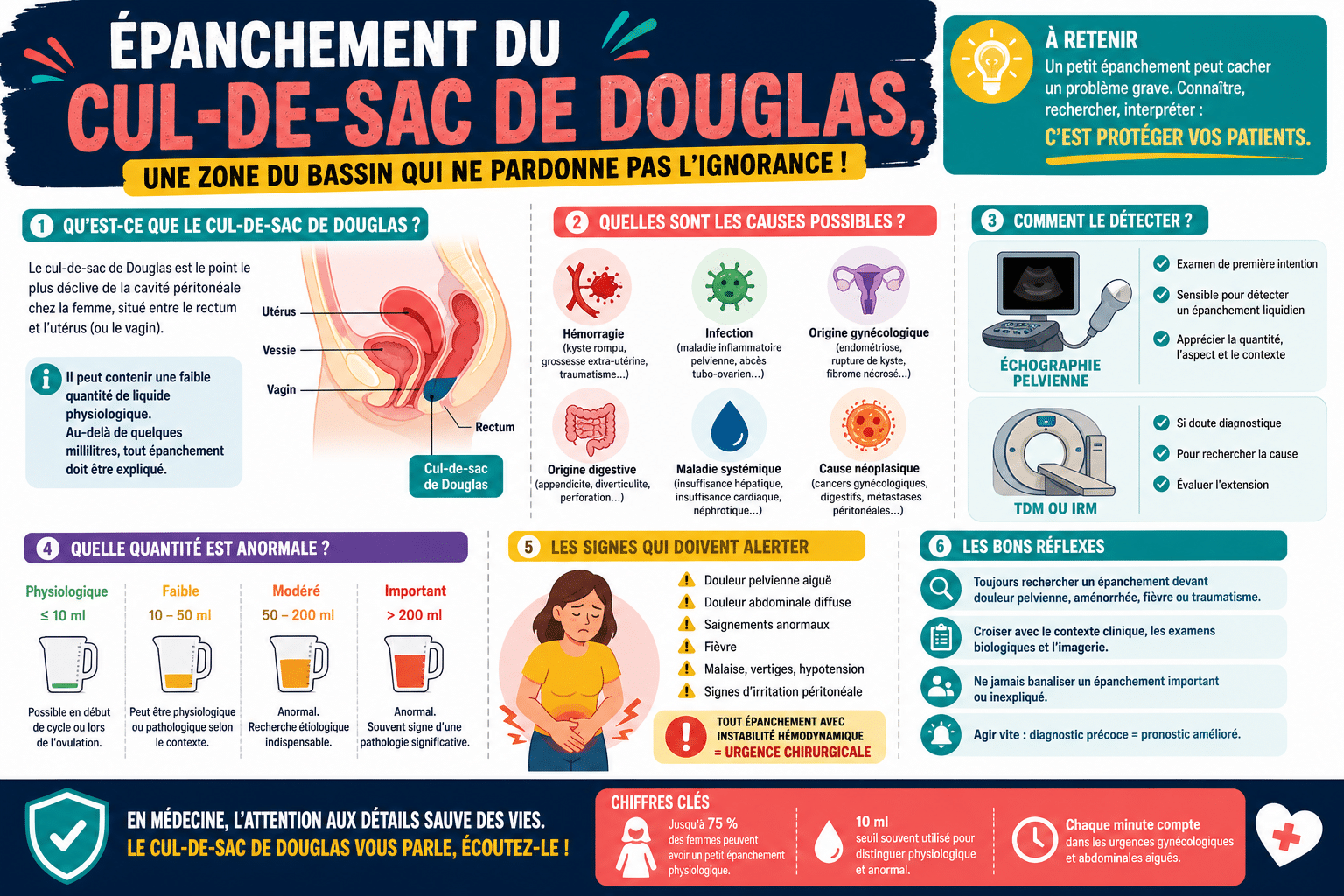 Infographie : Épanchement du cul-de-sac de Douglas, une zone du bassin qui ne pardonne pas l'ignorance