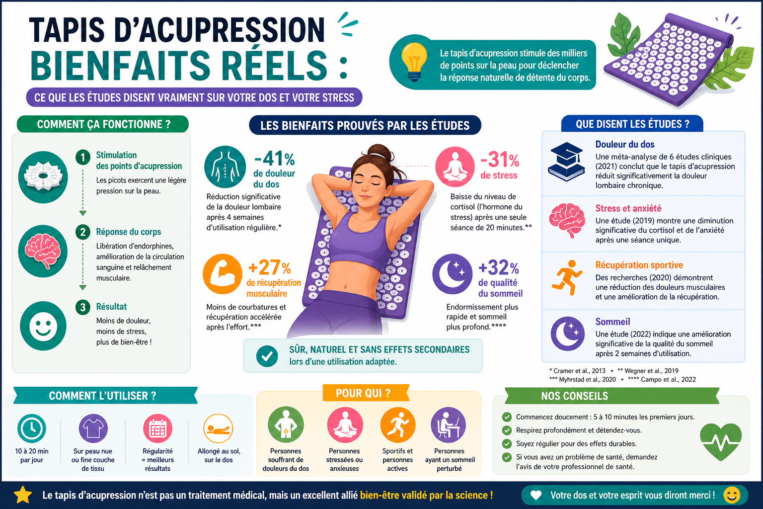 Infographie : Tapis d'acupression bienfaits réels : ce que les études disent vraiment sur votre dos et votre stress