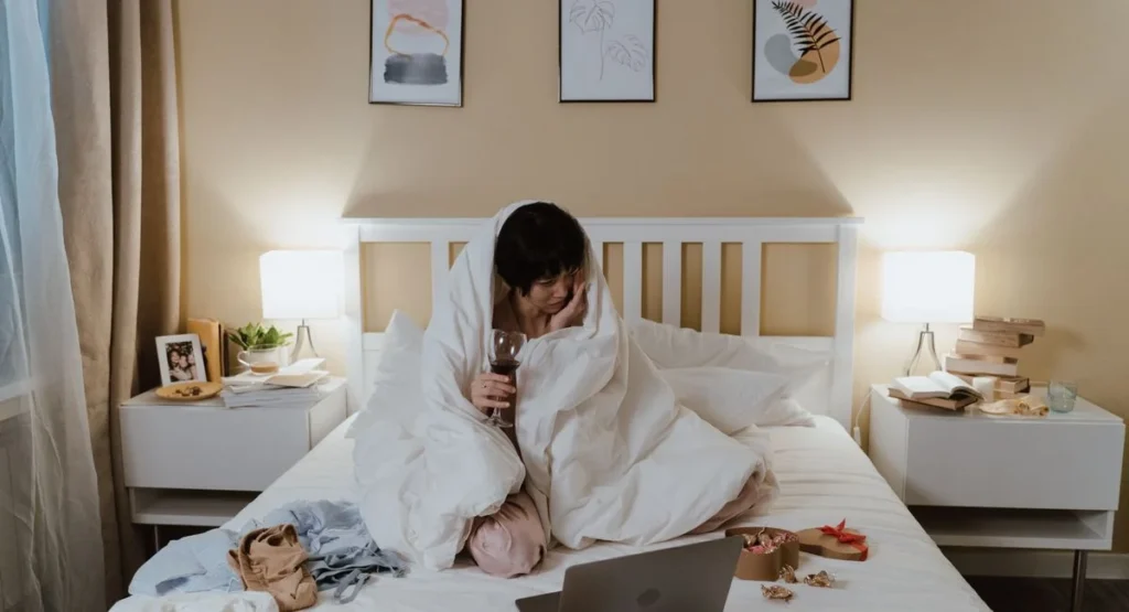 Femme inquiète assise sur son lit après un rapport sexuel