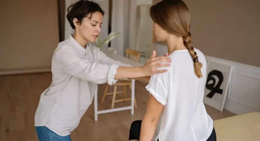 Femme assise main sur le bas-ventre air douloureux